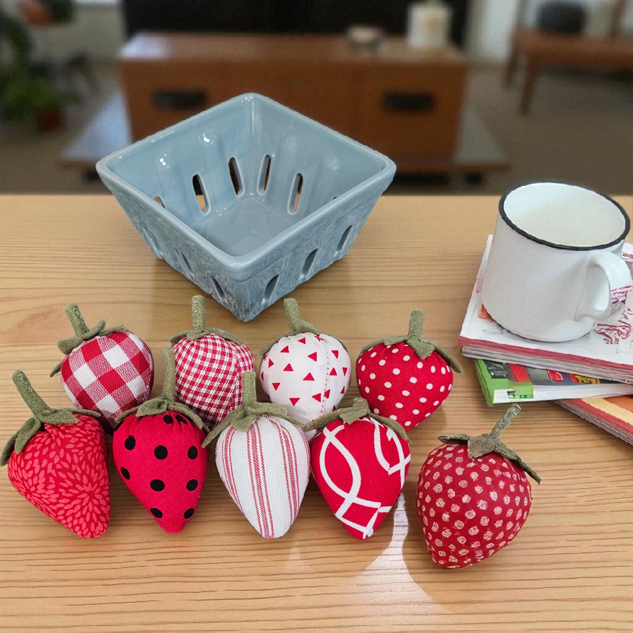 Strawberries in Blue Ceramic Berry Basket