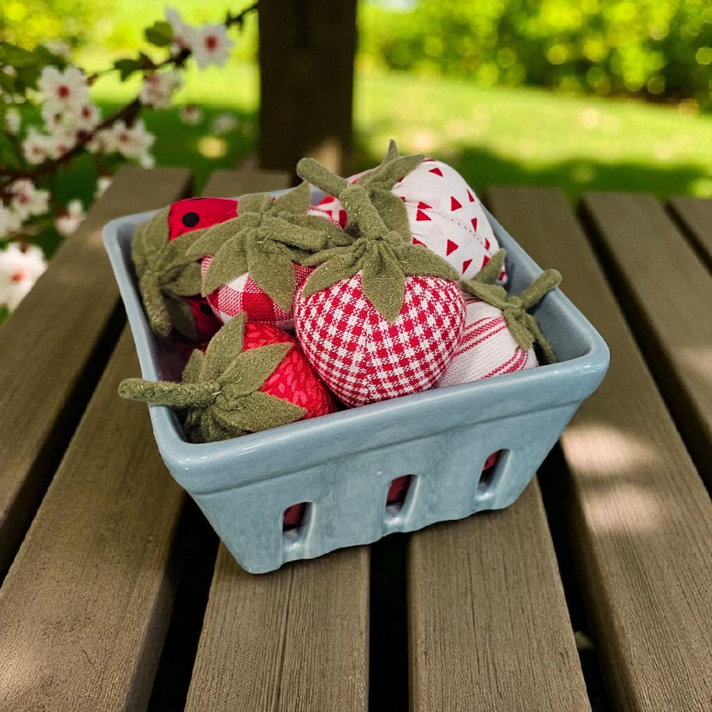 Strawberries in Blue Ceramic Berry Basket