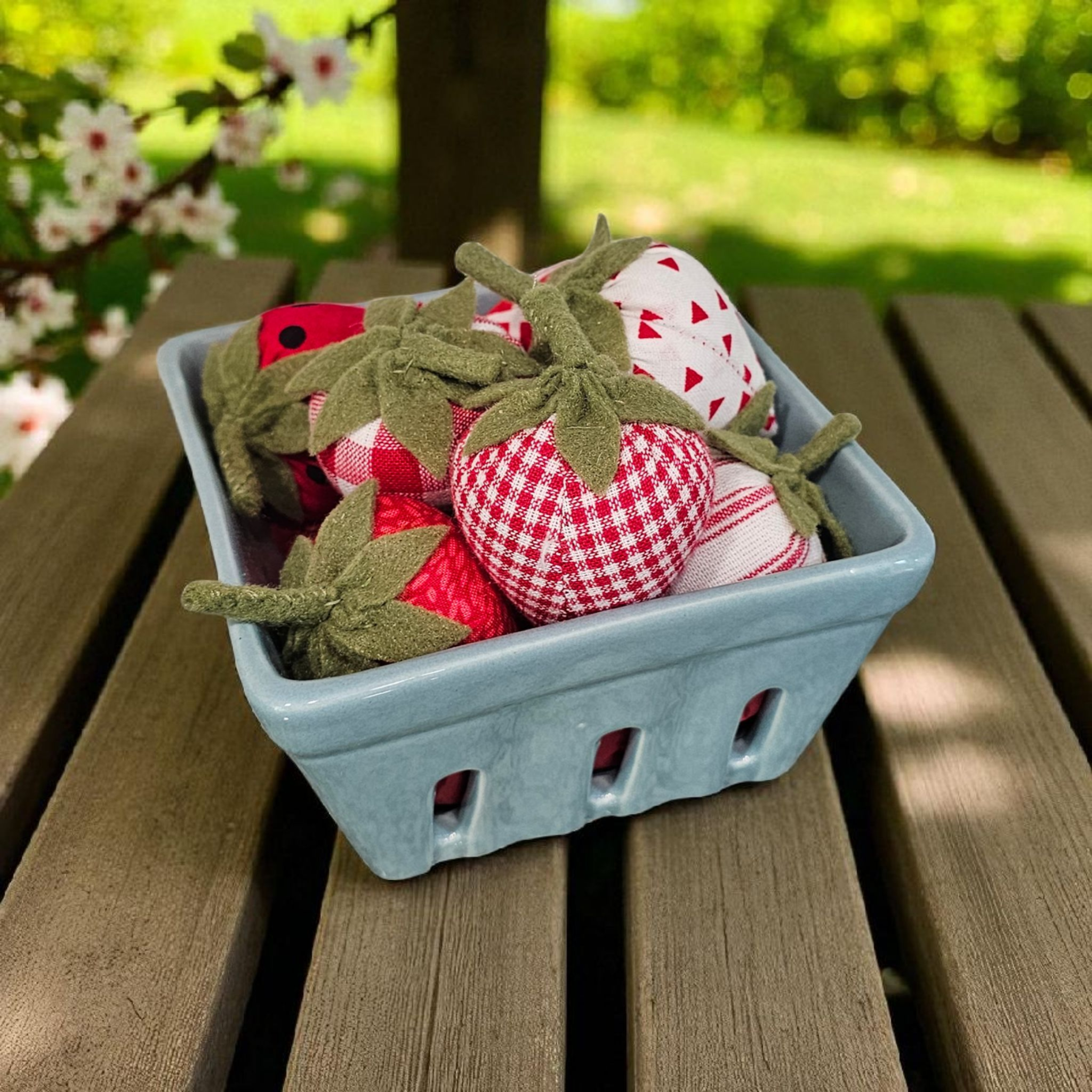 Strawberries in Blue Ceramic Berry Basket